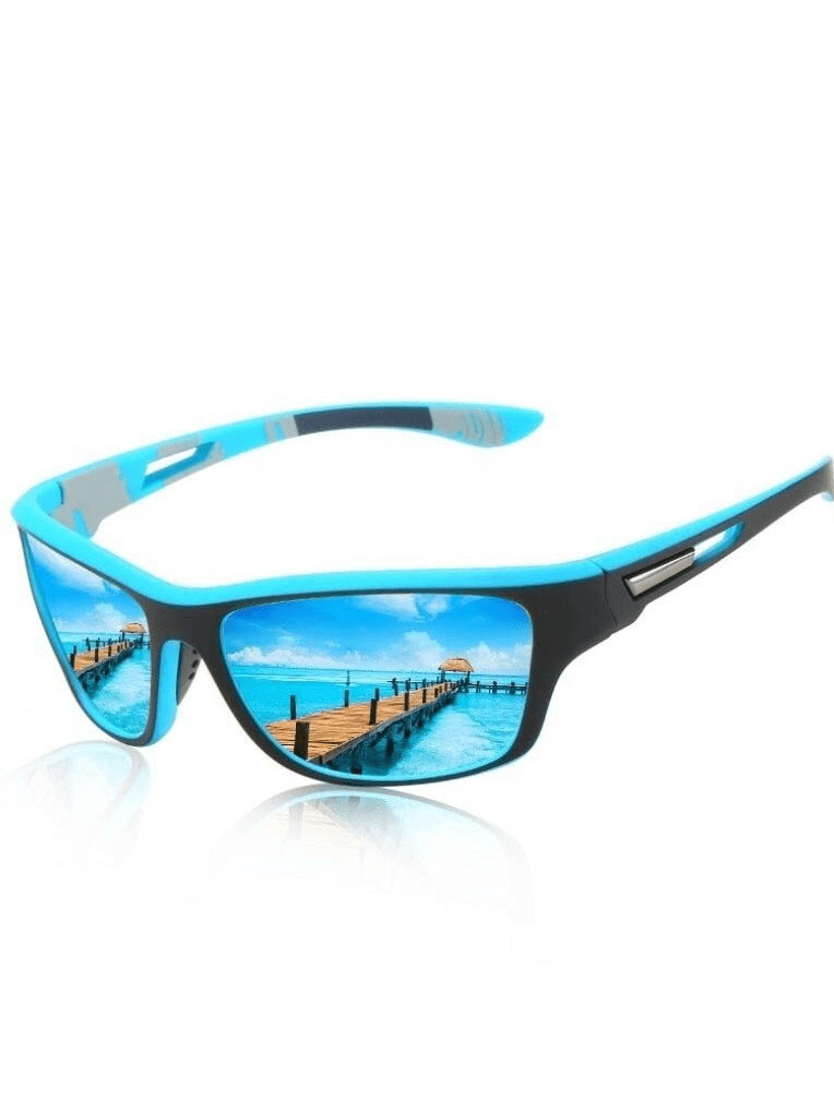 Polarized sports sunglasses with blue accents and scenic reflection, featuring UV400 protection and anti-glare lenses for outdoor activities.